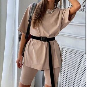 Women Khaki 2 Piece Outfit sets Casual Oversized T-Shirt Tops Biker Shorts Sz.S